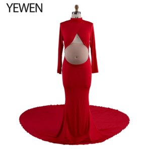 Long Sleeves Stretchy Fabric Red Maternity Dresses for Photoshoot Show Belly Baby Shower Dresses YW243168