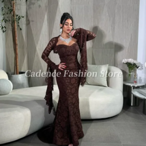Customized Elegant Brown Mermaid Arabian Prom Dresses Lace Long Sleeve Back Strap Dubai Evening Gowns Formal Banquet Dresses