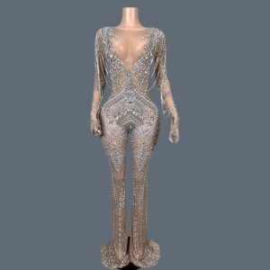 Luxury Sparkly Rhinestones Sheer Mesh Jumpsuit for Women Bar gig Stage Costume Evening Wear Birthday Party Outfit chaoAkuotuiku