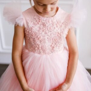 Flower Girl Dresse Pink Tulle Flory Appliques With Bow Short Sleeve For Wedding Birthday Party Banquet Princess Gown Customizeds