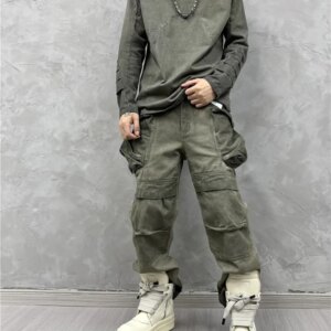 Avant-Garde Retro Waste Soil Worn Looking Washed-out Overalls Stitching Large Pocket Casual Pants Fashion Trendy Wide-Leg
