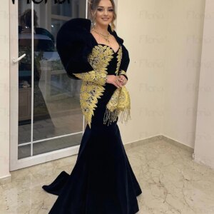 Hunter Black Velvet Prom Dress Customsized Moroccan Caftan Gold Lace Beaded Kaftan Arabic Evening Gown Women Wedding Party Dress