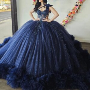 Navy Blue Quinceanera Dresses Ball Gown Off The Shoulder Applique Lace Beads Tull Tiered Party Birthday Sweet 16 Dress Vestidos