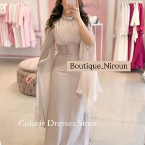OIMG Dubai High Neck Customized Chiffon Prom Dresses Evening Dress Pleated Mermaid Arabic Women Evening Gowns Formal Party Dress