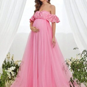 Off Shoulder Pink Maternity Robes Floral Appliques Pregnancy Photography Dresses Sexy Sweep Train Customized Baby Shower Gowns