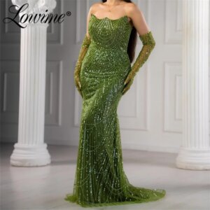 Robe Elegant Green Prom Dresses 2024 Customized Mermaid Strapless Evening Gowns Beaded Long Party Engagement Dress With Gloves