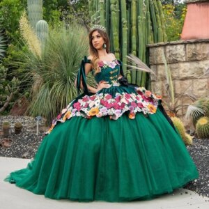 Mexican Emerald Green Shiny Quinceanera Dresses Color 3D Floral Applique Birthday Princess Formal Sweet 15 16 Ball Gowns Vestido
