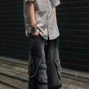 Washed Cargo Pocket over-the-Knee Denim Shorts A- line Pants Niche Cropped