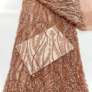 Luxury Brown Lace Fabric 5Yards Dubai Hand Beaded Tulle Lace Fabric Embroidered Sequin African Nigerian Fabric For Sewing W443-1