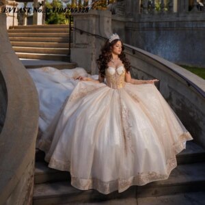 EVLAST Customized 2025 Shiny Champagne Quinceanera Dress Ball Gown Sequins Applique Beading Sweet 16 Vestidos De 15 Anos E3Q653