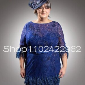 CustomizedRoyal Blue Knee-length Mother of the Bride Groom Dress with Half Sleeve Lace Beaded FeatherMother Occasion Outfit Wear