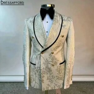 Champagne Jacquard Formal Wedding Suits Men’s Business Suit 2 Pieces (Jacket+Pants) Man Tuxedo Groom Wear
