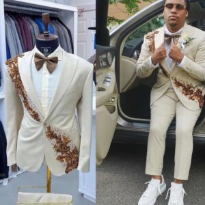 Vintage Appliques Men’s Wedding Suits Tuxedos 2 Pieces Peak Lapel Groom Wear Work Formal Clothing For Male Customized
