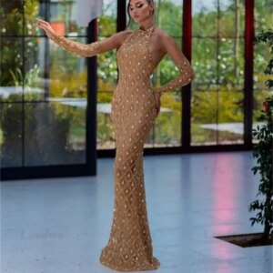  Arabic Party Dress Champagne Evening Dresses 2024 Crystals Mermaid Long Gloves Celebrity Dresses Women Evening Gowns Customize