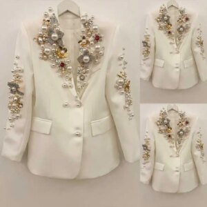 Fashion Pearls Women Suit Jacket Long Sleeve Party Dresses Celebrity Applique Blazer Casual Prom Dress Customized 1 Piece