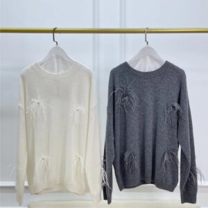 High Quality Diamond Feather Knitted Sweater O-Neck Long Sleeve Cashmere Pullover