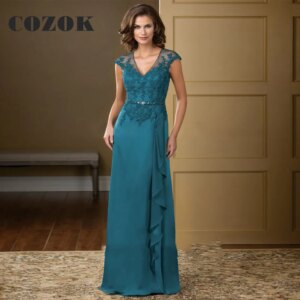 Classic Elegant V Neck Chiffon Mother Of The Bride Dresses Lace Floor-Length A-Line Mother Wedding Gowns Custom YW32