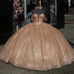 Gold Puffy Skirt Princess Sweetheart Quinceanera Dresses Off shoulder Gillter Lace-up Corset Charro vestido xv 15 años mexican