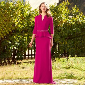 Fuchsia Wedding Guest Dress for Woman V Neck Mermaid Formal Party Gown Long 3/4 Sleeves Beaded Trumpet Mother of the Bride Dress