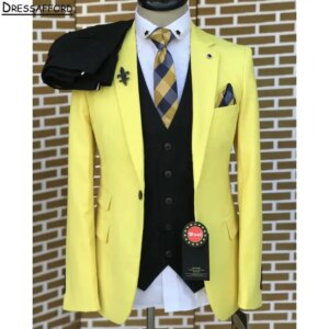 Yellow Elegant Men Business Formal Occasion Tuxedos Grooms Wedding Party Prom Male Suit 3 Piece Set Blazer Vest Pants