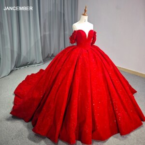 Glitter Red Quinceanera Dress Ball Gown V-neck Lace Beading Short Sleeves International Court Train Sweet 16 Vestido De 15 Anos
