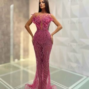 Pink Beaded Mermaid Evening Dress Customized Aso Ebi Party Second Reception Gowns Robe De Soiree Women Birthday Engagement Dress