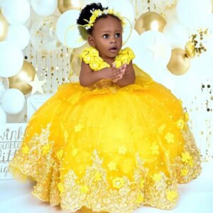 Luxury Gold Girls Birthday Party Dress Lace Appliqued Customized Flower Girl’s Dresses Queen Pageant Gowns for Photoshoot