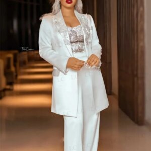 Women Suits 3 Pieces One Button Blazer Tube Pants Prom Work Wear Party Slim Plus Size Costume Homme Beads Appliques Diamonds