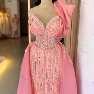 Princess Pink Beaded Mermaid Formal Evening Dress Detachable Train Charming Sequin Corset Wedding Party Gown vestidos de noche