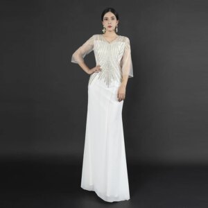 Elegant White Evening Dress Plus Size Hand Beaded Sequin Prom Dress For Formal Occasions Custom Long Gown فساتين سهرة MM116
