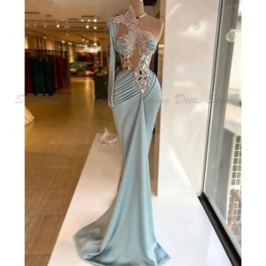 Shoulder One Sage Unique Long Sleeve Evening Dresses for Women Lace Appliqued Rhinestones Pleated Mermaid Prom Gowns Hollow Out