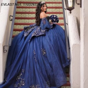 EVLAST Customized Sparkly Navy Blue Ball Gown Quinceanera Dress Applique Crystal Beaded Bow Sweet 16 Vestidos De 15 Anos E1Q660