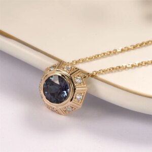 CxsJeremy Solid 14K Au585 Yellow Gold Antique Round Cut 1ctw 6.5mm Lab Alexandrite Moissaninte Pendant Necklace For Women Gifts