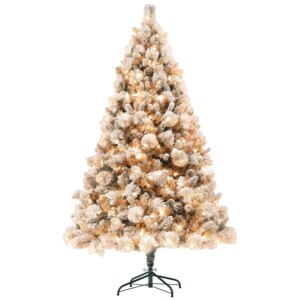HOMCOM 6.5 ft PreLit Artificial Christmas Tree with 350 Clear Lights and 1107 Tips Snow Flocked Christmas Tree with Metal Stand