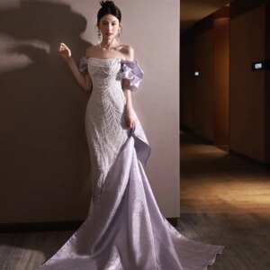 Purple Elegant Women’s Wedding Dresses Vintage Off The Shoulder Strapless Sleeveless Evening Dress Mermaid Party Formal Dresses