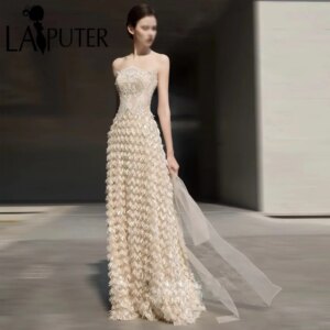 Champagne Lace Column Evening Dresses Off Shoulder Strapless Mermaid Tassels Formal Dress Elegant Woman Prom Gown