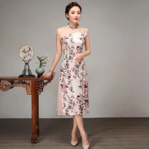 New Summer High Quality Real Silk Cheongsam Qipao Women’s Clothing Dress Improved Pink Casual