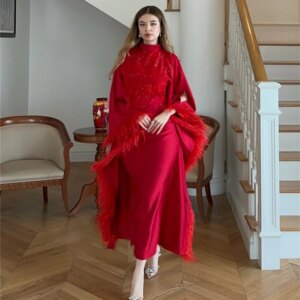 Customized Modern Style Formal Evening High Collar A-line Beading Feathers Satin Bespoke Occasion Dresses
