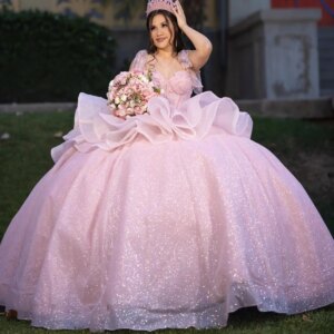 Pink Shiny Quinceanera Dresses Off The Shoulder Beading Tull Tiered Party Birthday Ball Gown Sweet 16 Dress Vestidos 15 De Anos