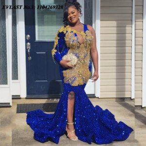 EVLAST Customized Glitter Royal Blue Mermaid Prom Dress Black Girls Gold Lace Crystal Beaded High Slit Formal Party Gown E3P359