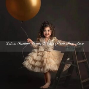 Champagne Flower Girl Dress Exquisite Long Sleeve Beaded Appliqué Lace Quinceanera Dresses Baby Birthday فساتين سهرة Customised