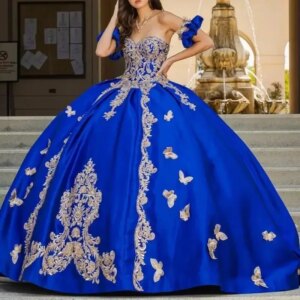 Customized Royal Blue Ball Gown Quinceanera Dress Off Shoulder Lace Appliqued Butterfly Women Pageant Dress Princess