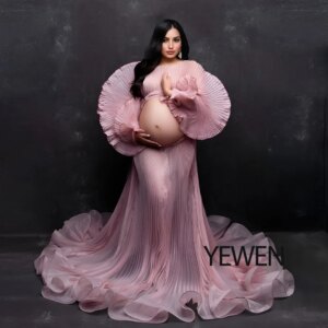 Custom 2 Piece Set Pleated Organza Maternity Photoshoot Dresses Big Skirt Sheer Dress for Pregnancy Shooting Baby Shower Dress