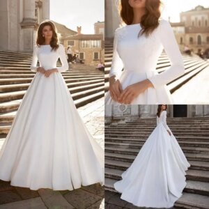 Vintage Beaded Satin Wedding Dresses Long Sleeves Open Back robe de marie Bridal Gowns Bride Dress vestido de novia White Ivory