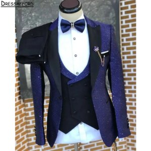 Purple Glitter Crystal Men Business Formal Occasion Tuxedos Grooms Wedding Party Prom Male Suit 3 Piece Set Blazer Vest Pants