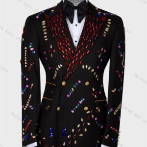 Crystals Groom Men Suits Pants Set 2 Pcs Blazer+Trousers Black Wedding Tuxedos Prom Jacket Formal Double Breasted Cotton Coat