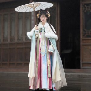 Adult Women’s Han Chinese Clothing Winter Cloak Thickened Chest Eight Broken Skirt Machine Embroidery Three-Piece Set