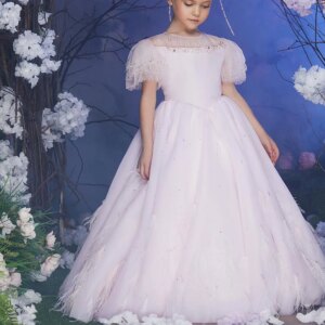 Jill Wish Luxury Blush Pink Girl Dress Feathers Beaded Princess Baby Kids Wedding Birthday Party Gown First Communion 2025 J391