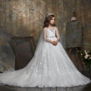 Cute Flower Girl Dresses For Weddings A-line V-neck Tulle Appliques Crystals Long First Communion Dresses Kids Baby Customized