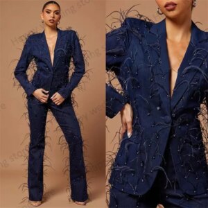 Feather Pearls Navy Blue Women Suit Set 2 Piece Blazer+Pants Chic Pageant Office Lady Jacket Coat Trousers Customize Prom Dress